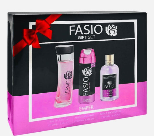 SET 3PIEZAS  FASIO GIFT EMPER PERFUM 3.4FL.0Z 100ML , SPRAY 6.6FL.OZ 200ML, BATH / SHOWER GEL 8.4FL.OZ 250ML